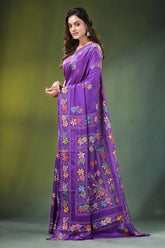 Handcrafted purple silk kantha saree with traditional leaf motif vibrant adorned intricate 3