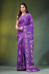 Handcrafted purple silk kantha saree with traditional leaf motif vibrant adorned intricate 1