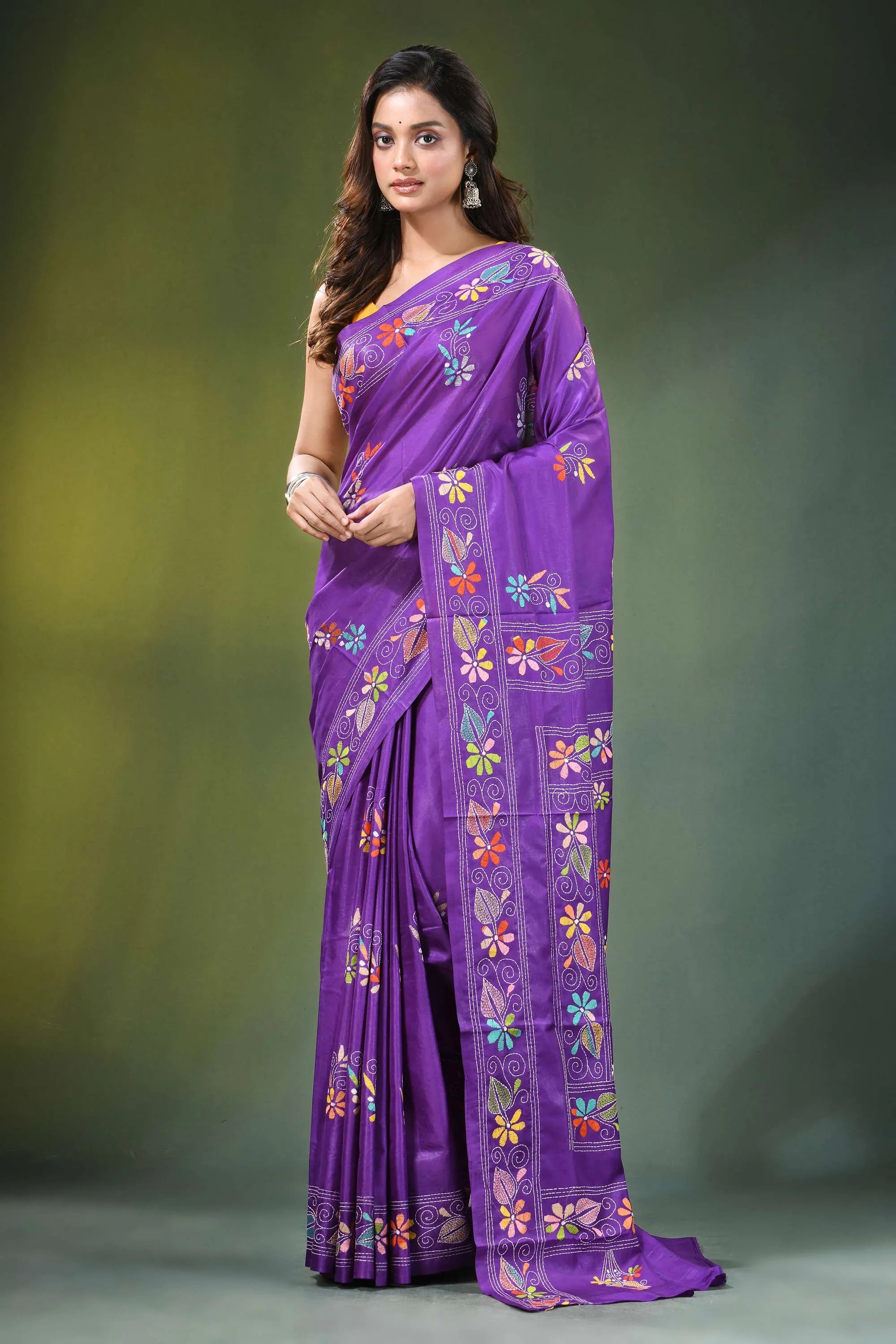 Handcrafted purple silk kantha saree with traditional leaf motif vibrant adorned intricate 1