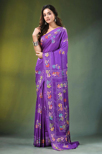 Handcrafted purple silk kantha saree with traditional leaf motif vibrant adorned intricate 6