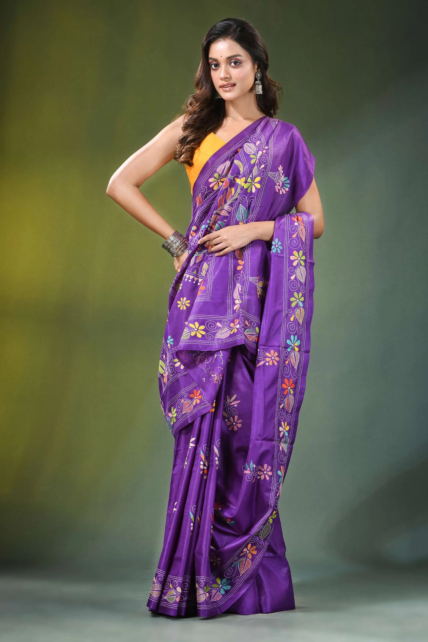 Handcrafted purple silk kantha saree with traditional leaf motif vibrant adorned 4