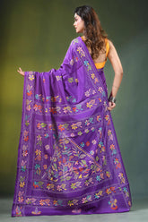 Handcrafted purple silk kantha saree with traditional leaf motif vibrant adorned intricate 5