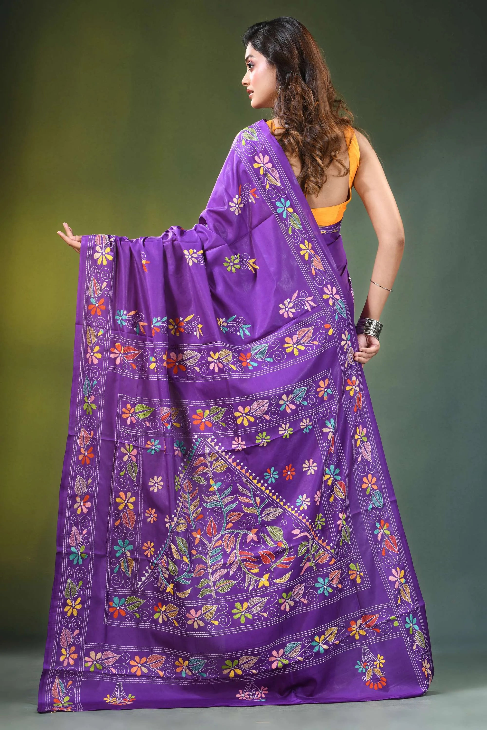 Handcrafted purple silk kantha saree with traditional leaf motif vibrant adorned intricate 5
