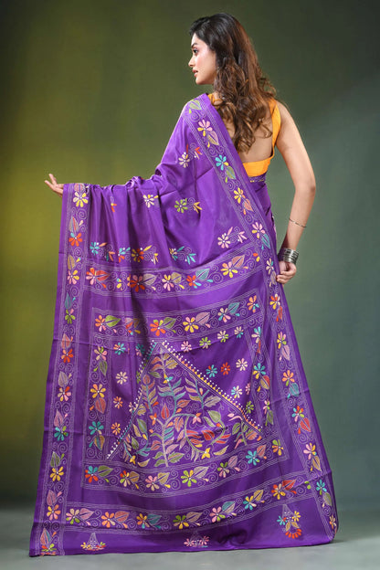 Handcrafted purple silk kantha saree with traditional leaf motif vibrant adorned intricate 5