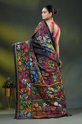Handcrafted raven black floral kantha stitch saree in soft silk 5