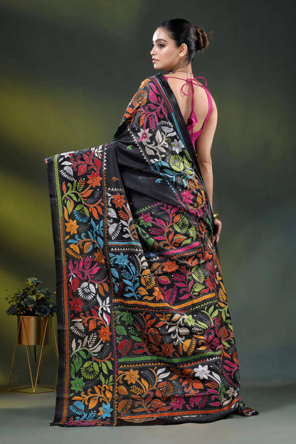 Handcrafted raven black floral kantha stitch saree in soft silk 5