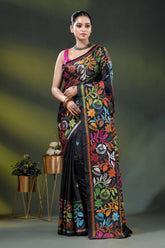 Handcrafted raven black floral kantha stitch saree in soft silk 1
