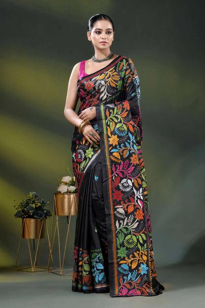 Handcrafted raven black floral kantha stitch saree in soft silk 1