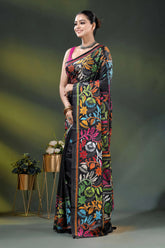 Handcrafted raven black floral kantha stitch saree in soft silk 3