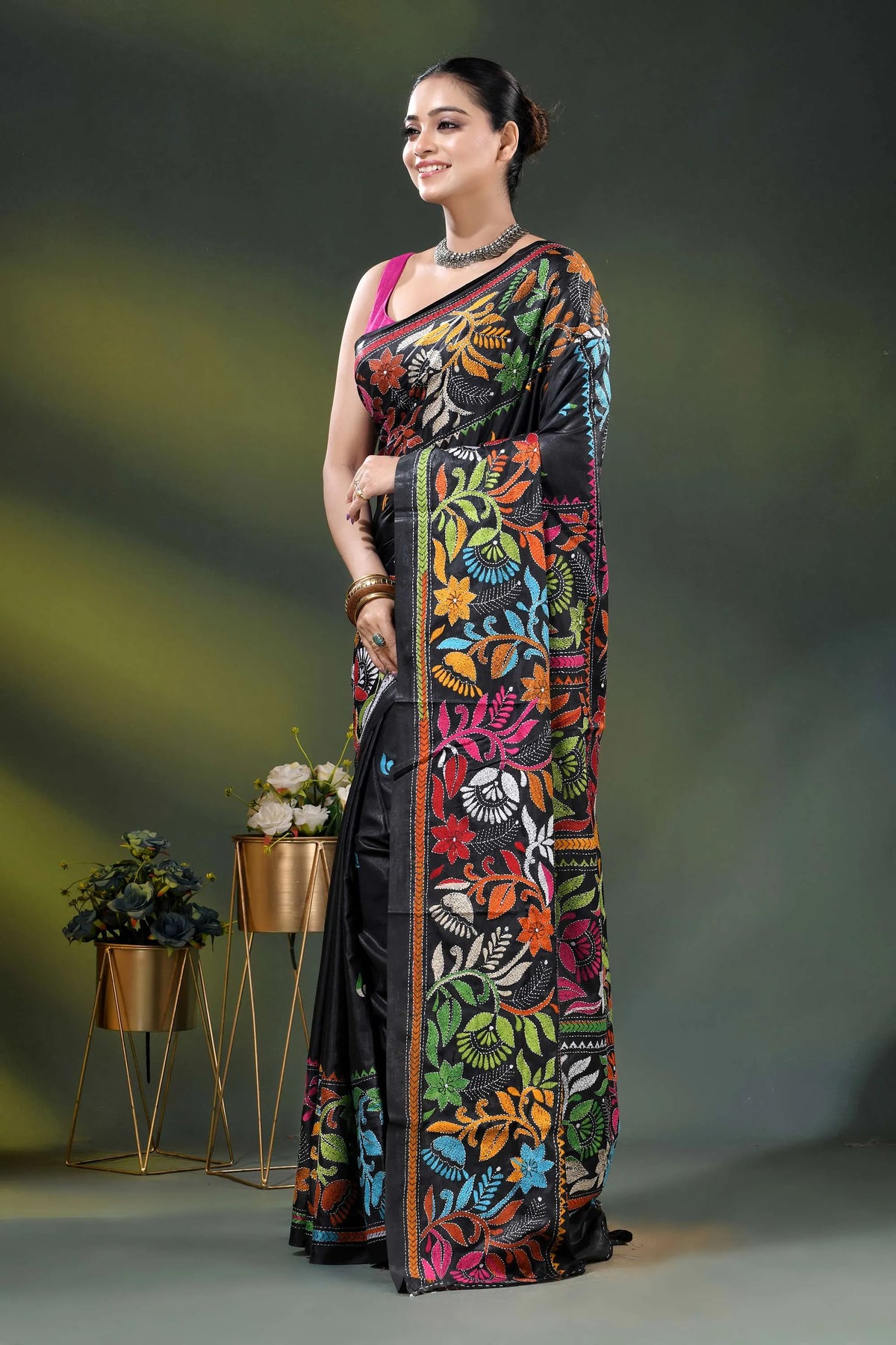 Handcrafted raven black floral kantha stitch saree in soft silk 3