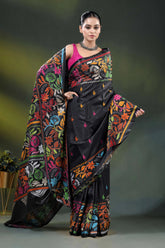 Handcrafted raven black floral kantha stitch saree in soft silk 4