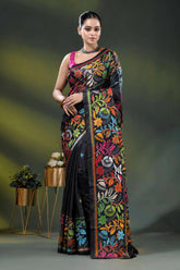 Handcrafted raven black floral kantha stitch saree in soft silk 6