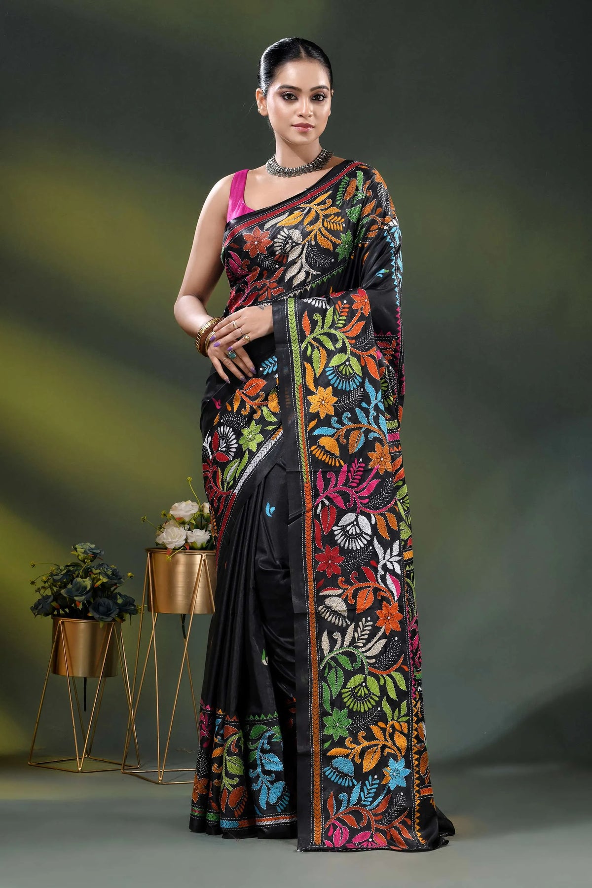 Handcrafted raven black floral kantha stitch saree in soft silk 6