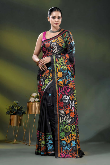Handcrafted raven black floral kantha stitch saree in soft silk 6