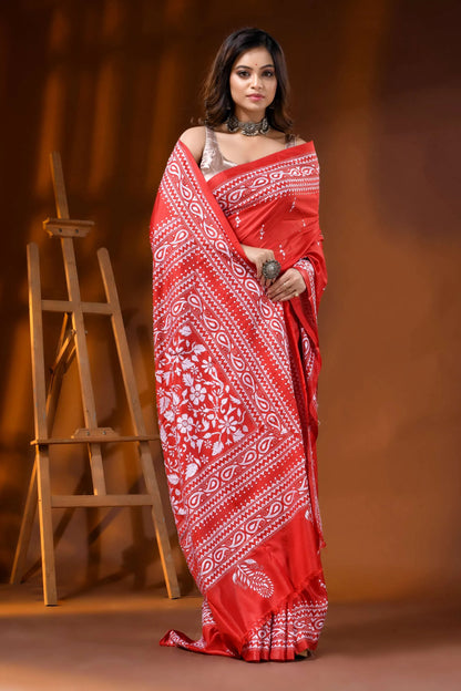 Handcrafted red kantha embroidery silk saree floral ethnic motif 4
