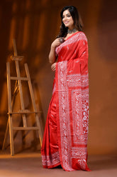Handcrafted red kantha embroidery silk saree floral ethnic motif 3