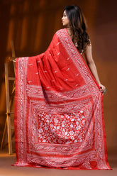 Handcrafted red kantha embroidery silk saree floral ethnic motif 5