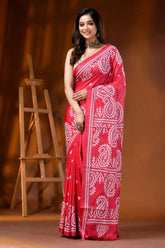 Handcrafted red silk gujarati stitch saree with paisley design 5