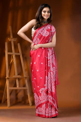 Handcrafted red silk gujarati stitch saree with paisley design 4