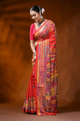 Handcrafted red silk kantha stitch saree with geometric ethnic design 3