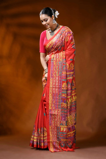 Handcrafted red silk kantha stitch saree with geometric ethnic design 3