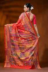 Handcrafted red silk kantha stitch saree with geometric ethnic design 5
