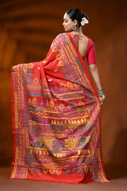 Handcrafted red silk kantha stitch saree with geometric ethnic design 5