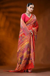 Handcrafted red silk kantha stitch saree with geometric ethnic design 4