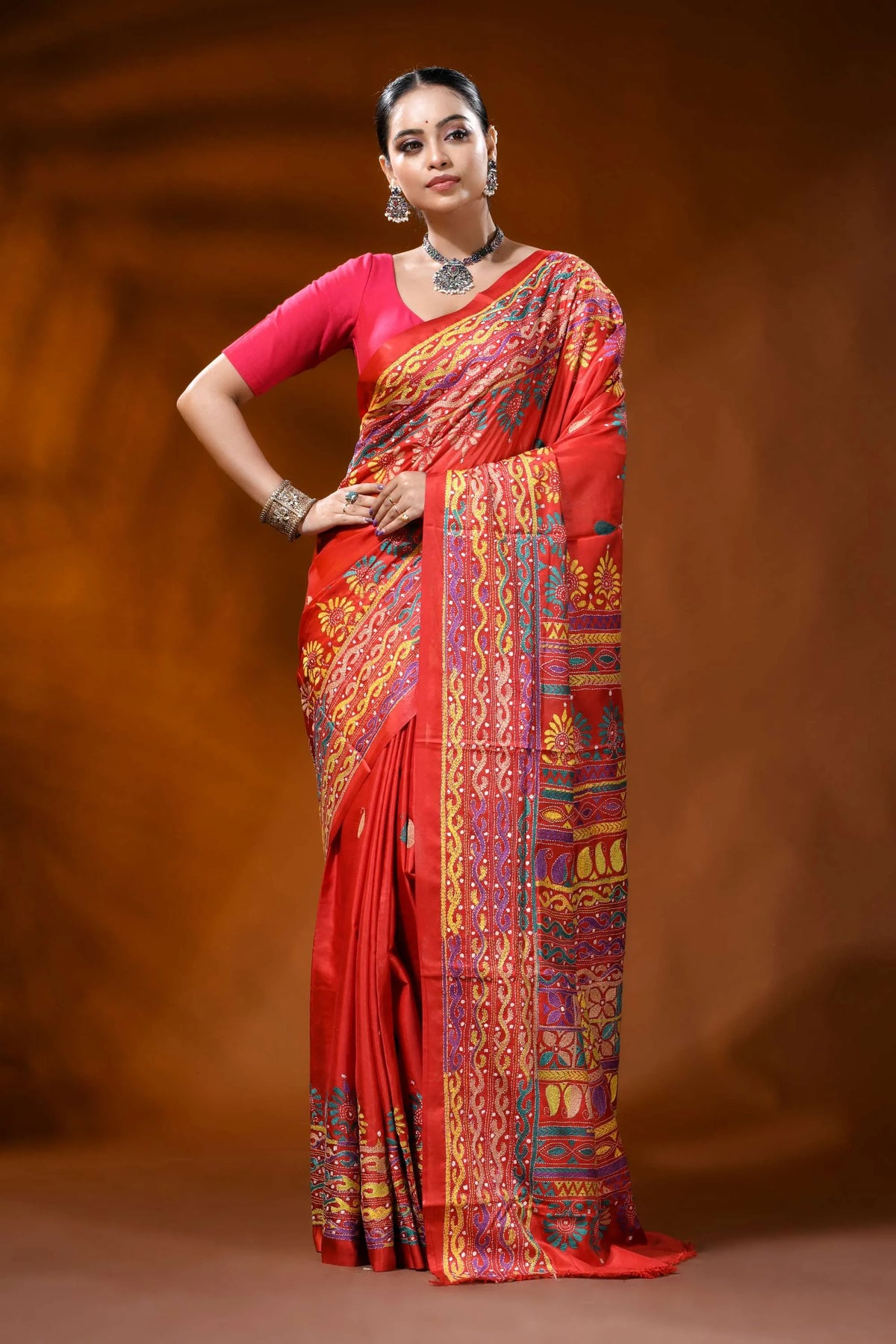 Handcrafted red silk kantha stitch saree with geometric ethnic design 6