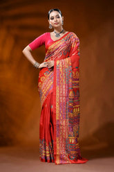 Handcrafted red silk kantha stitch saree with geometric ethnic design 6