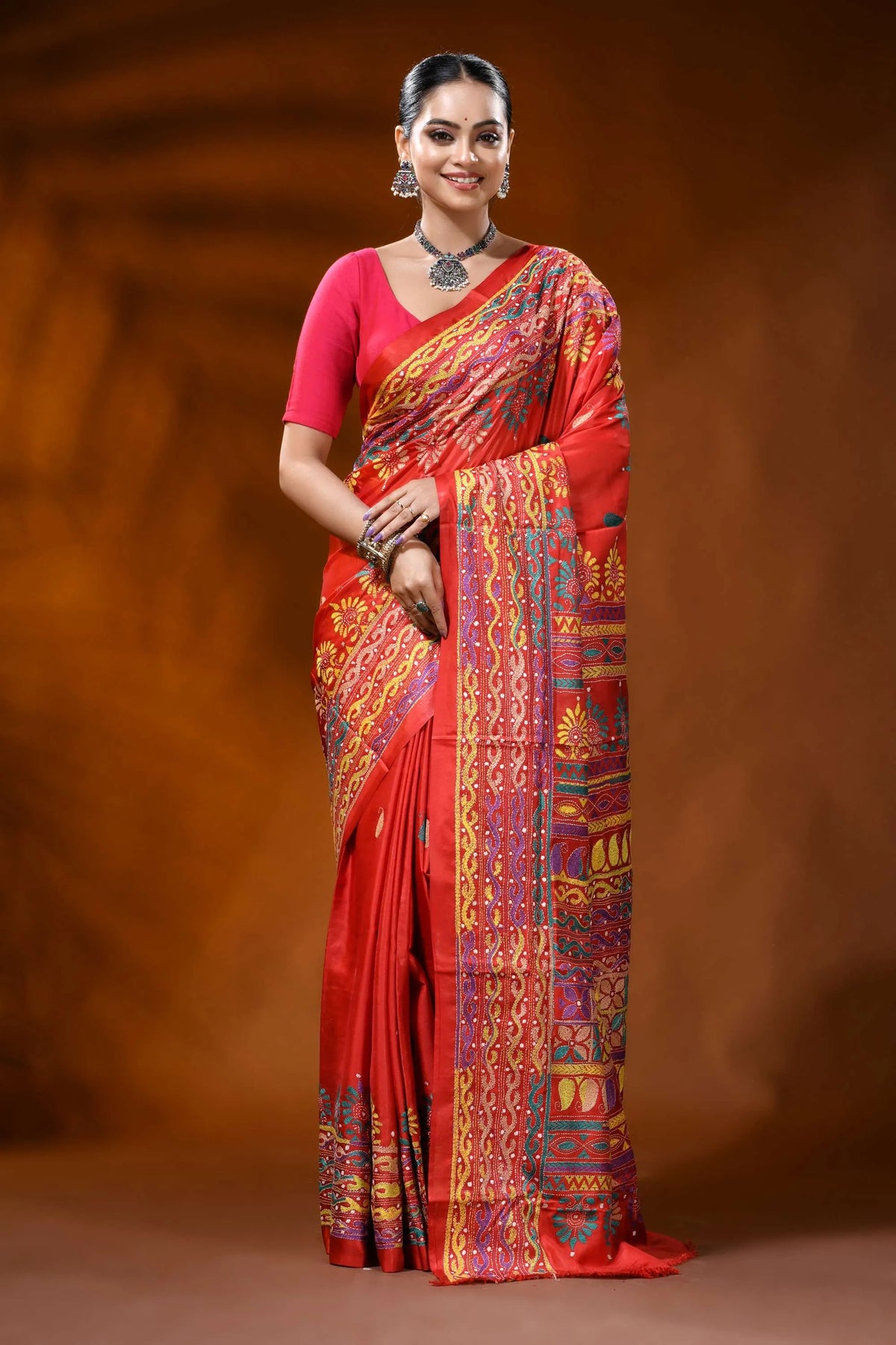 Handcrafted red silk kantha stitch saree with geometric ethnic design 1