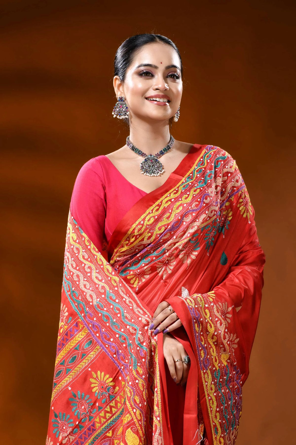 Handcrafted red silk kantha stitch saree with geometric ethnic design 2