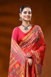 Handcrafted red silk kantha stitch saree with geometric ethnic design 2