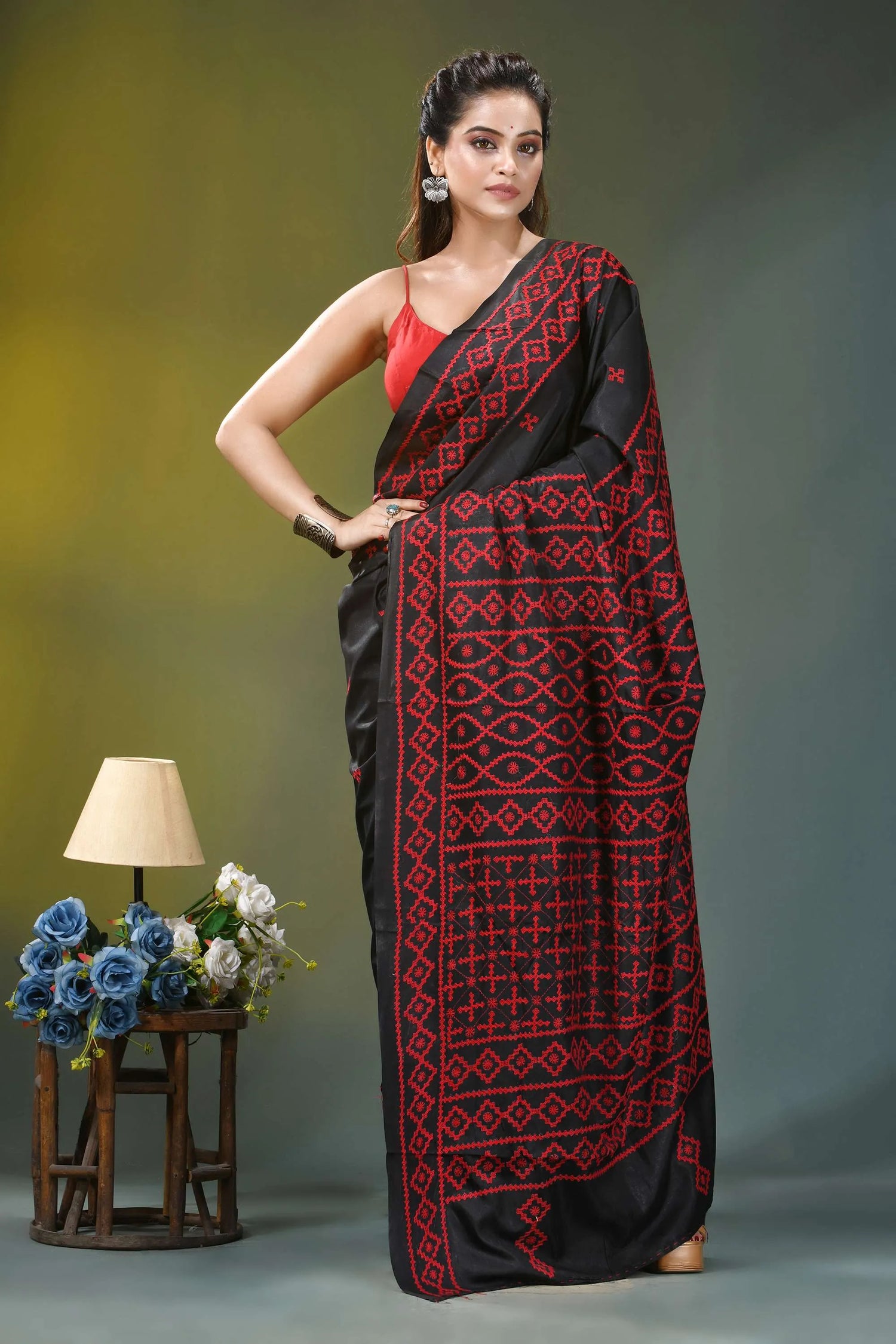 Handcrafted red thread kutch embroidery silk saree in black black saree intricate red geometric 5