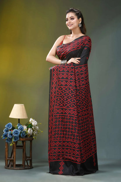 Handcrafted red thread kutch embroidery silk saree in black black red embroidered saree intricate 3