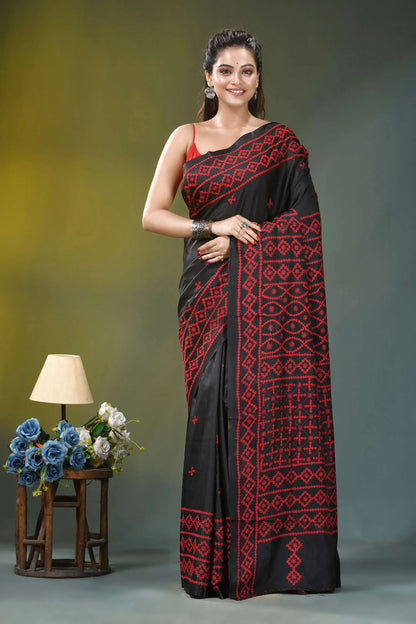 Handcrafted red thread kutch embroidery silk saree in black black saree intricate red embroidery 1