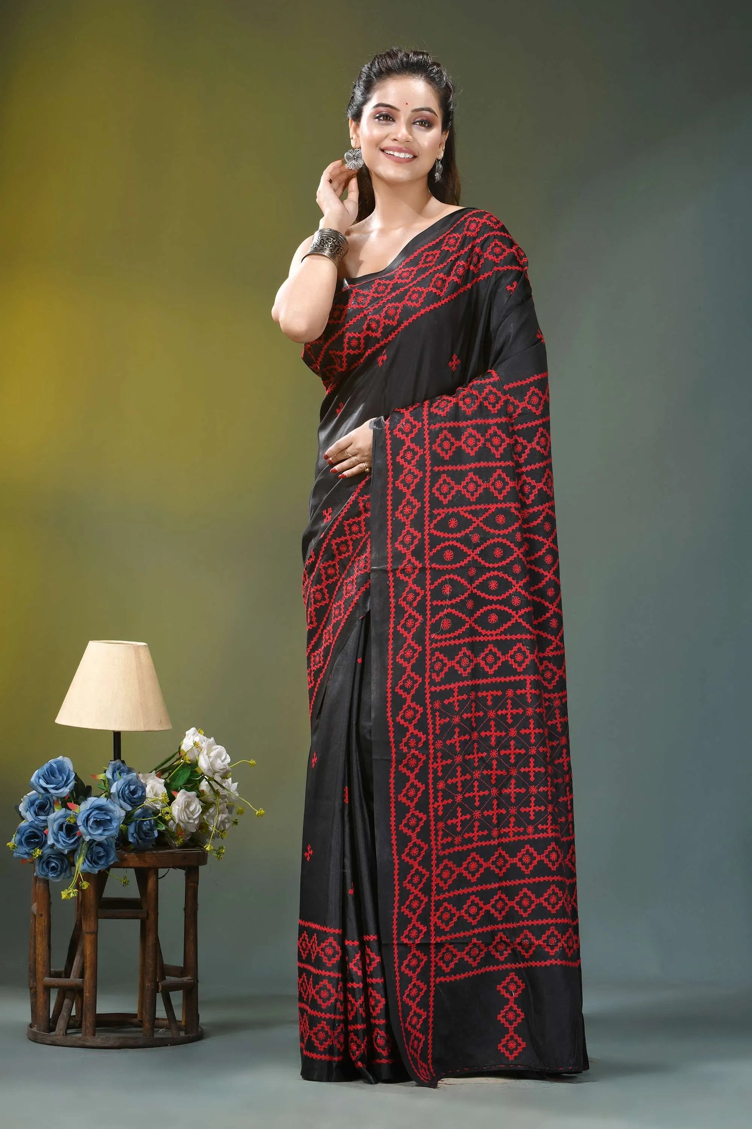 Handcrafted red thread kutch embroidery silk saree in black black silk saree intricate red 6