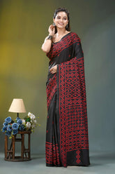 Handcrafted red thread kutch embroidery silk saree in black black silk saree intricate red 6