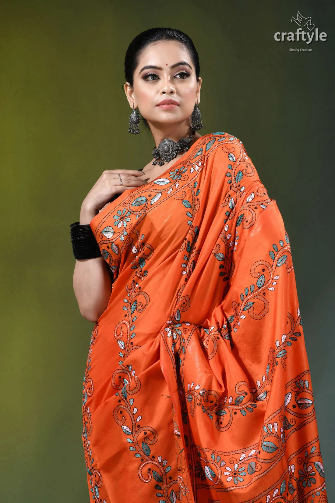 Handcrafted reddish orange floral design silk kantha saree vibrant orange silk saree adorned 2