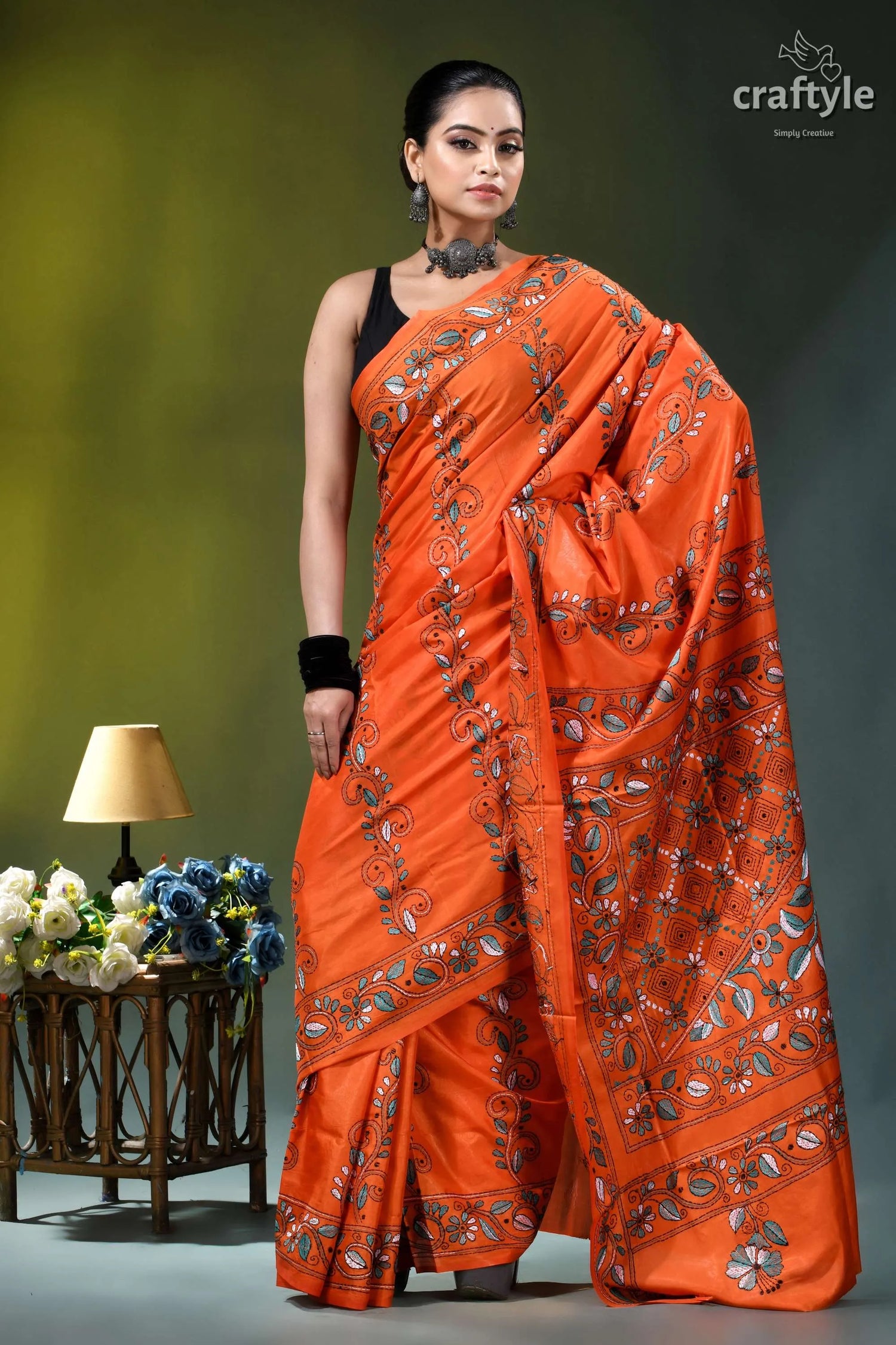 Handcrafted reddish orange floral design silk kantha saree vibrant orange saree intricate floral 4