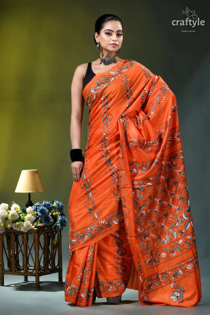 Handcrafted reddish orange floral design silk kantha saree vibrant orange saree intricate floral 4