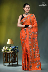 Handcrafted reddish orange floral design silk kantha saree vibrant orange saree intricate black 6