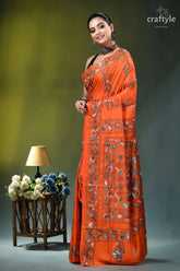 Handcrafted reddish orange floral design silk kantha saree vibrant orange saree intricate floral 3