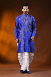 Handcrafted reverse stitch cobalt blue cotton kantha kurta for men 1