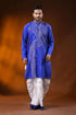 Handcrafted reverse stitch cobalt blue cotton kantha kurta for men 1