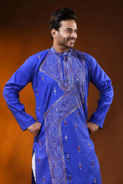 Handcrafted reverse stitch cobalt blue cotton kantha kurta for men 2