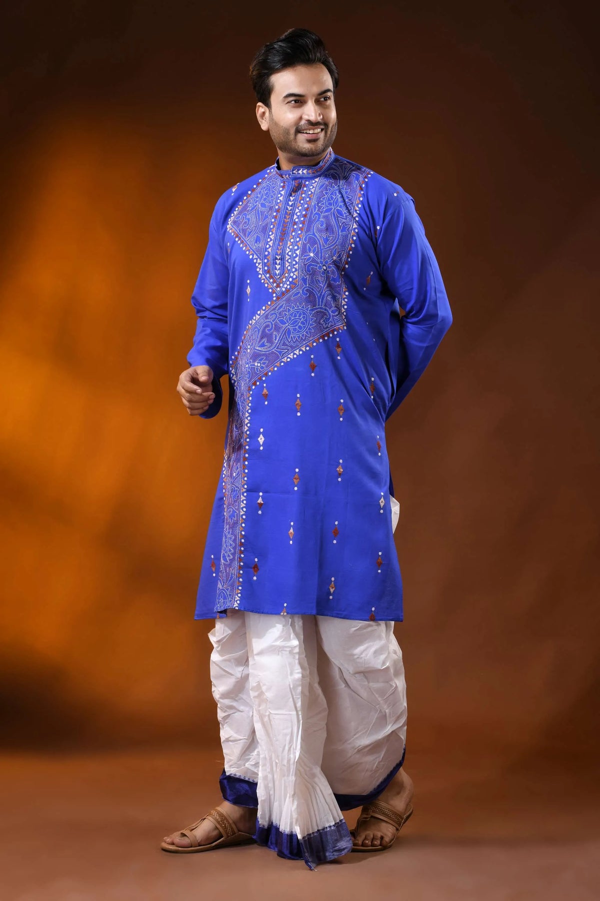 Handcrafted reverse stitch cobalt blue cotton kantha kurta for men 4