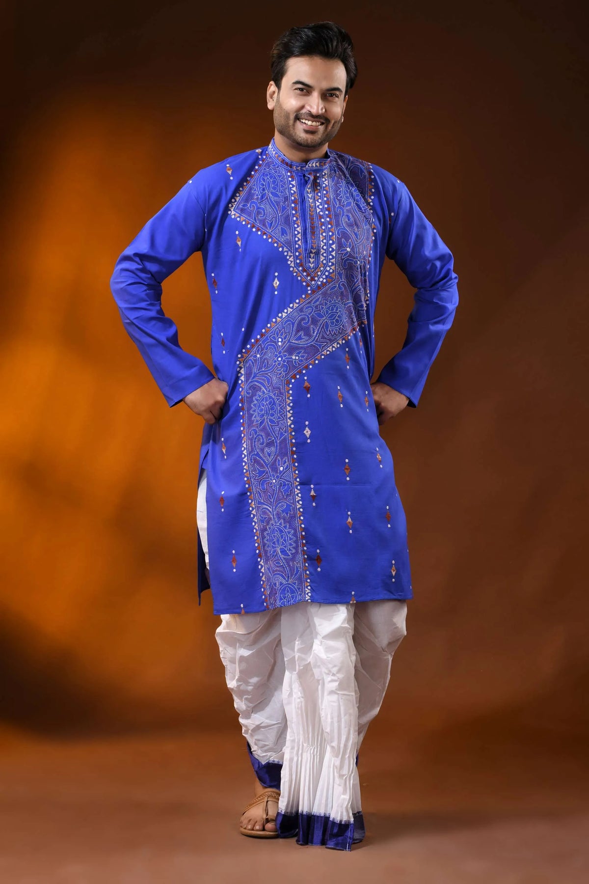 Handcrafted reverse stitch cobalt blue cotton kantha kurta for men 5
