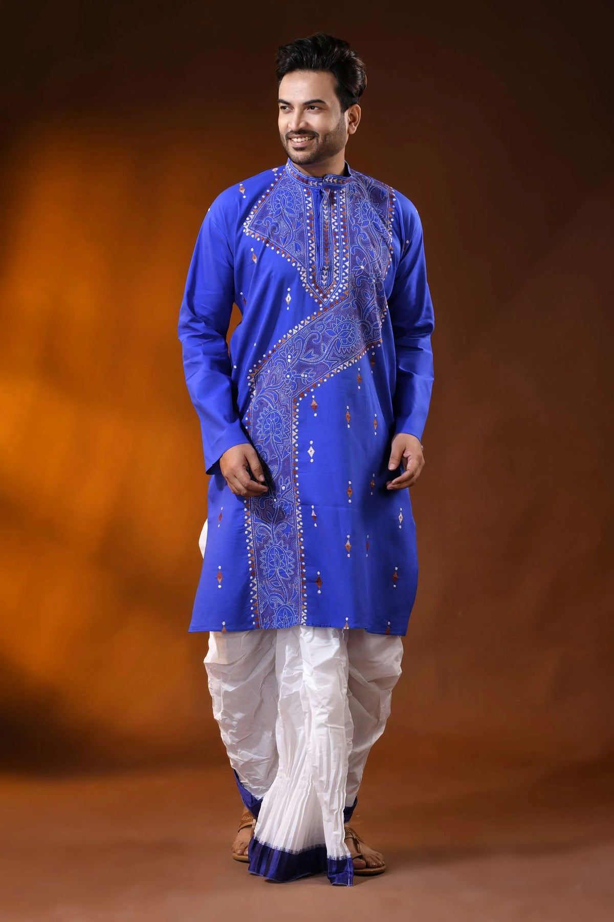 Handcrafted reverse stitch cobalt blue cotton kantha kurta for men 7