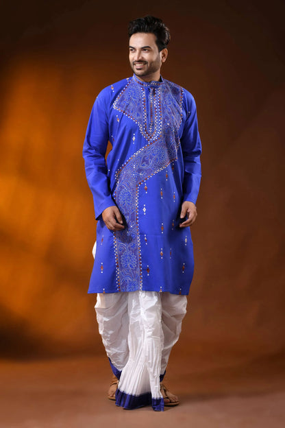 Handcrafted reverse stitch cobalt blue cotton kantha kurta for men 7